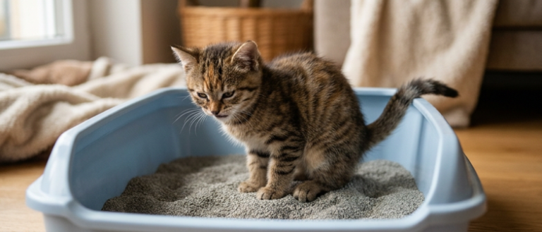 Avuç içinde duran küçük bir yavru kedi ve kedi tuvalet eğitimi