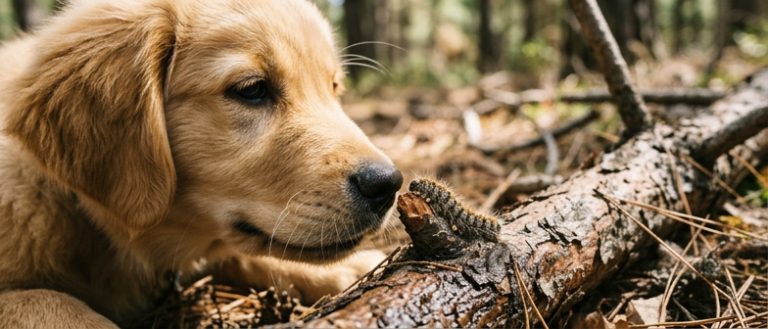 Çam ağaçları altında yürüyen bir köpek ve tehlikeli çam kese böceği tırtılı
