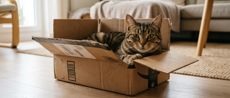 Karton kutunun içinde oturan sevimli bir kedi ve kedi davranışları
