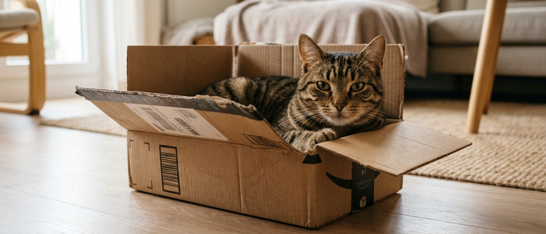 Karton kutunun içinde oturan sevimli bir kedi ve kedi davranışları