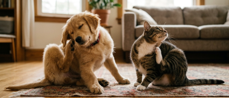Yazın çimenlerde koşan bir köpek ve veteriner klinik iç dış parazit uygulamaları