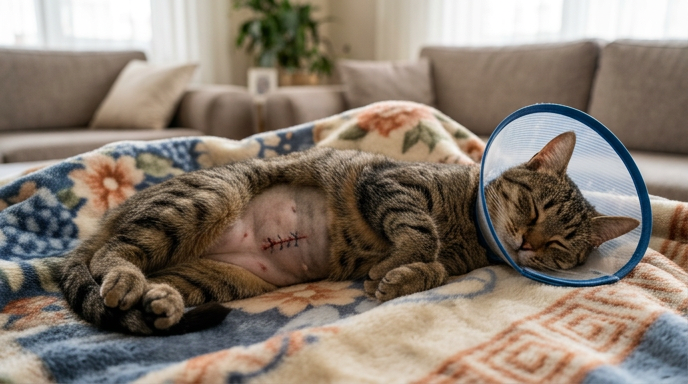 Ameliyat kıyafeti giymiş yatan bir kedi ve dişi kedi kısırlaştırma sonrası bakım adımları