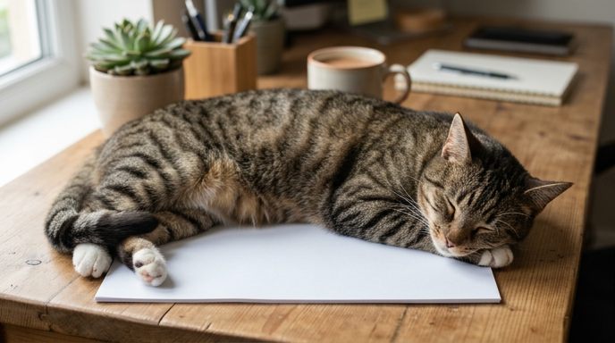 Bir tırmalama tahtası yanında duran kedi ve temel kedi ihtiyaçları listesi ürünleri
