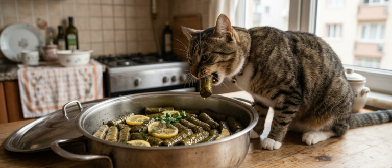 Mutfak tezgahında yiyeceklere bakan bir kedi ve kedilere verilen ev yemekleri kuralları