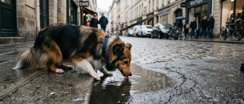 Sokakta yağmur suyu birikintisine yaklaşan bir köpek ve kirli su içmenin sağlık riskleri