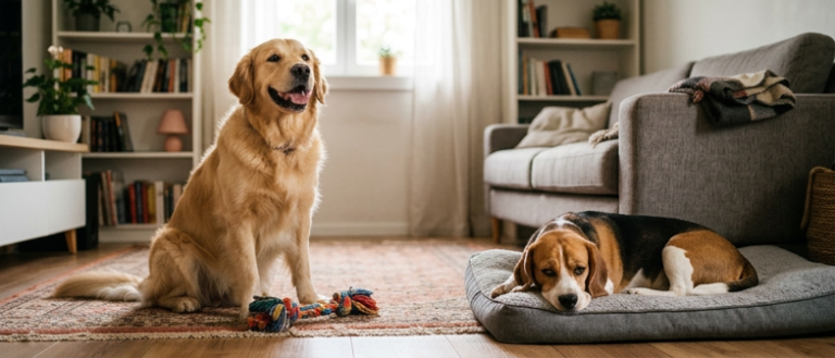 Tasma, tarak ve oyuncakların yanında duran bir köpek ve temel köpek alışveriş listesi