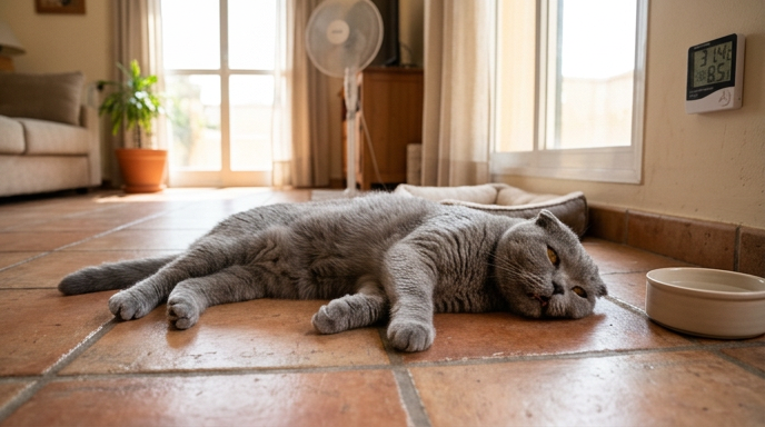 Fayans zeminde uzanan bir kedi ve sıcaklarda kedilerin davranışı ile mevsimsel değişimler