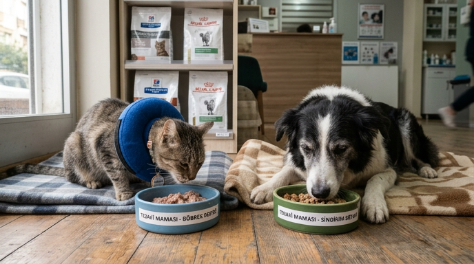 Veteriner klinik ortamında mama kabına bakan kedi köpek ve tedavi maması kullanımı