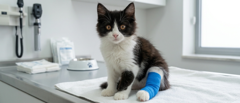 Veteriner klinik ortamında muayene edilen yavru kedi ve kırık bacak ameliyatı ortopedi tedavisi
