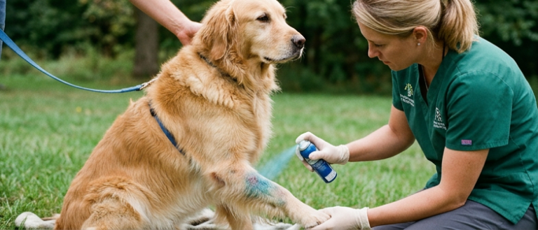 Veteriner klinik ortamında muayene edilen yaralı bir köpek ve yaraya mavi sprey kullanımı