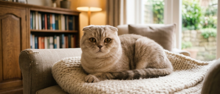 Kıvrık kulaklı bir Scottish Fold kedi ve irklara göre hastalıklar osteokondrodisplazi muayenesi