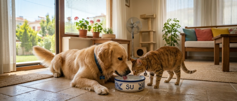 Yazın su kabındaki buzlu suyu içmeye çalışan kedi ve köpek için su tüketimi kuralları