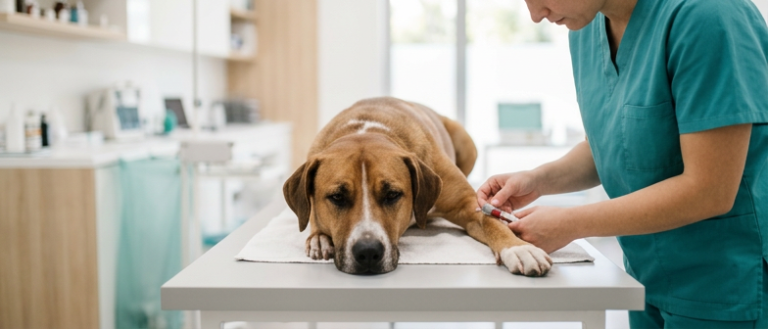 Veteriner muayene masasında ameliyat öncesi kan örneği alınan köpek – kedi ve köpeklerde ameliyat öncesi tahliller