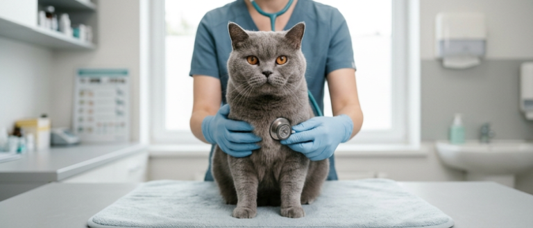 Veteriner muayene masasında stetoskopla kalbi dinlenen gri British Shorthair kedisi – British Shorthair hastalıkları ve HCM kontrolü