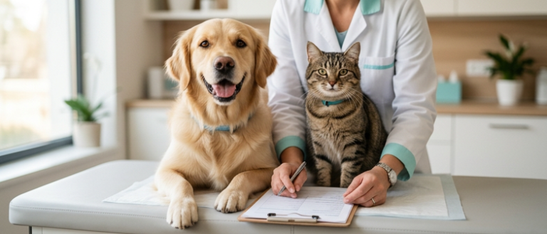 Veteriner muayene masasında yan yana oturan köpek ve kedi ile poliçe dosyası – evcil hayvan sigortası nedir, neleri karşılar