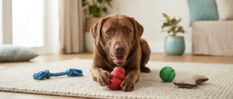 Halı üzerinde dayanıklı kauçuk oyuncağıyla oynayan kahverengi köpek – güvenli köpek oyuncağı nasıl seçilir