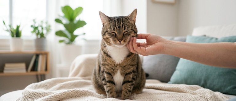 Yanağı nazikçe okşanan rahat ve mutlu kedi – kedi nasıl sevilir, kedi beden dili