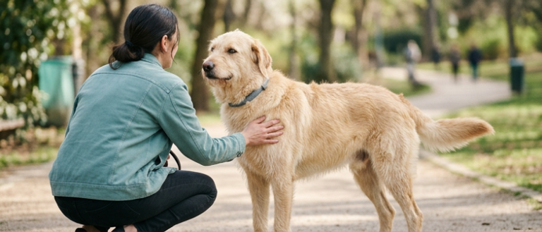 Kendisine yaklaşan köpeği göğüs bölgesinden sakince seven kişi – köpek nasıl sevilir, doğru temas
