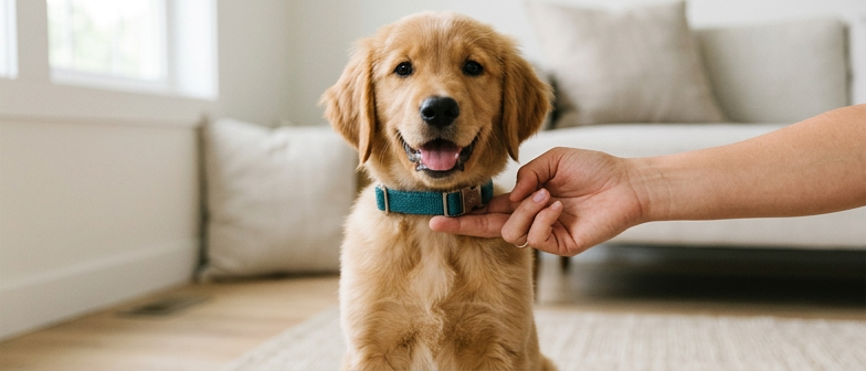 Yavru köpeğin tasmasının altına parmak sokularak sıkılığının kontrol edilmesi – köpek tasması doğru ölçü nasıl anlaşılır