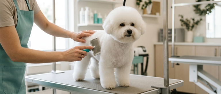 Pet kuaför masasında tüyleri profesyonel olarak taranan beyaz köpek – köpek tıraşı neden pet kuaförde yapılmalı