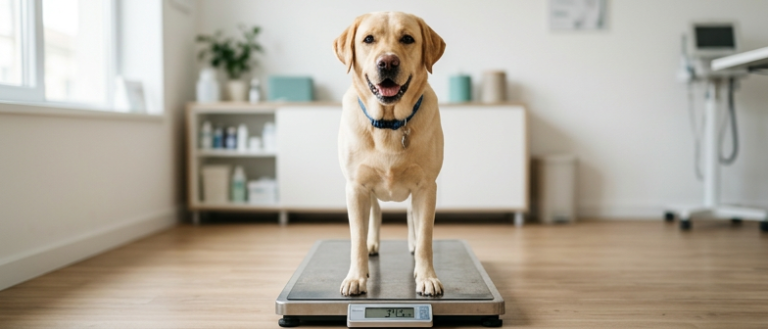 Veteriner kliniğinde tartı üzerinde kilosu kontrol edilen sarı Labrador Retriever – Labrador Retriever hastalıkları ve obezite