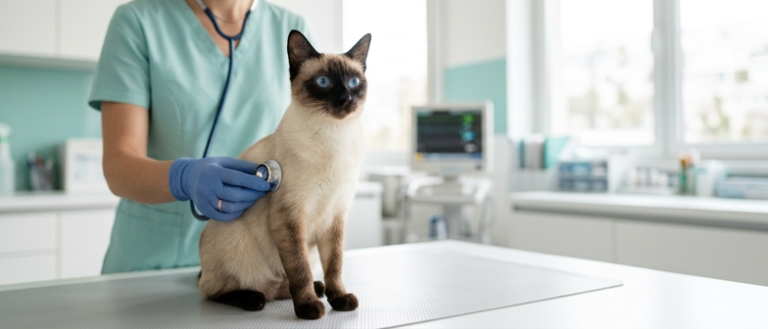 Veteriner kliniğinde muayene masasında stetoskopla kontrol edilen Siyam kedisi – Siyam kedisi hastalıkları ve böbrek sağlığı